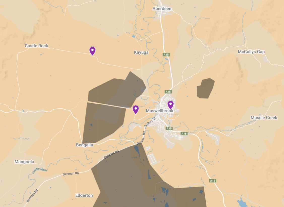 Figure 2. Map of deployment locations. Black areas indicate open pit coal mines
